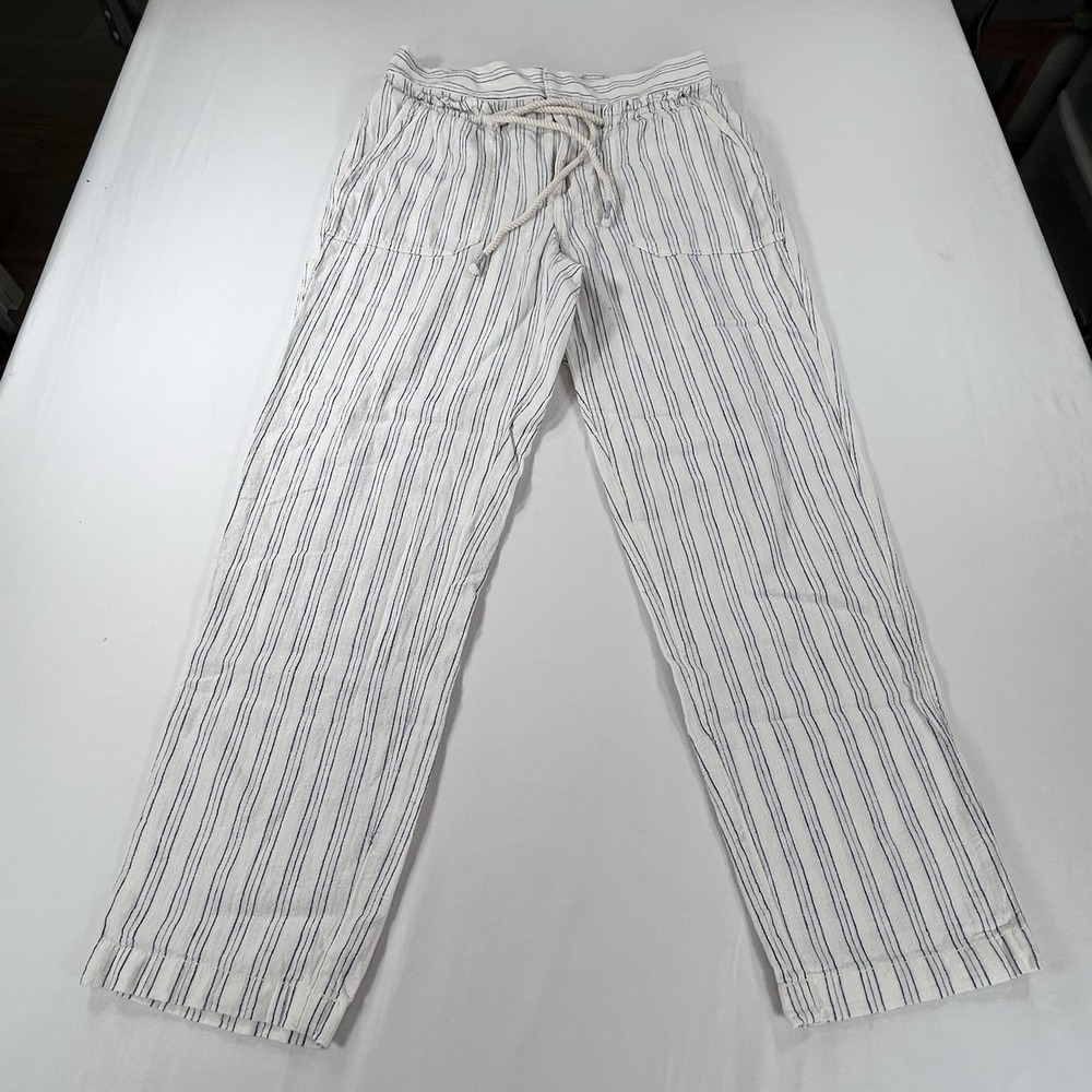 Anthropologie Striped Linen Blend Pants Sz S White Blue Beach Nautical Boho